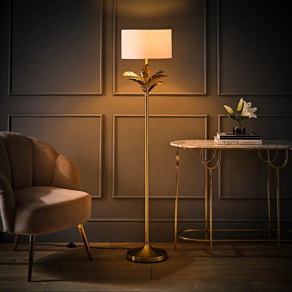 image 1 of ValueLights Christina Gold Palm Leaf Floor Lamp White Shade and Bulb