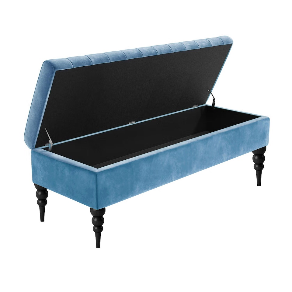 image 1 of 137cm Sierra Striped Ottoman Storage Bench with Black Turned Wooden Legs - Duck Egg Plush Velvet Upholstered Shoes Bench