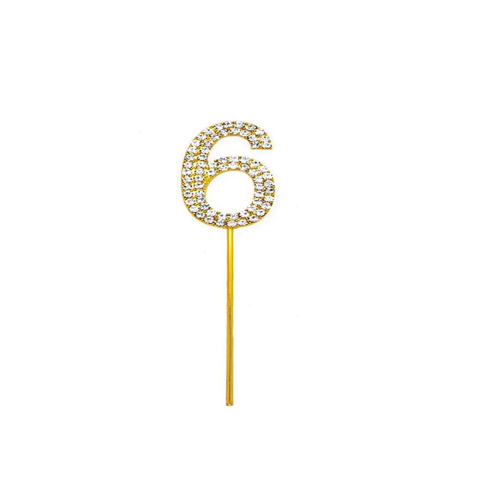 image 1 of Gold Sparkle Diamond Number 6 Cake Topper Gold