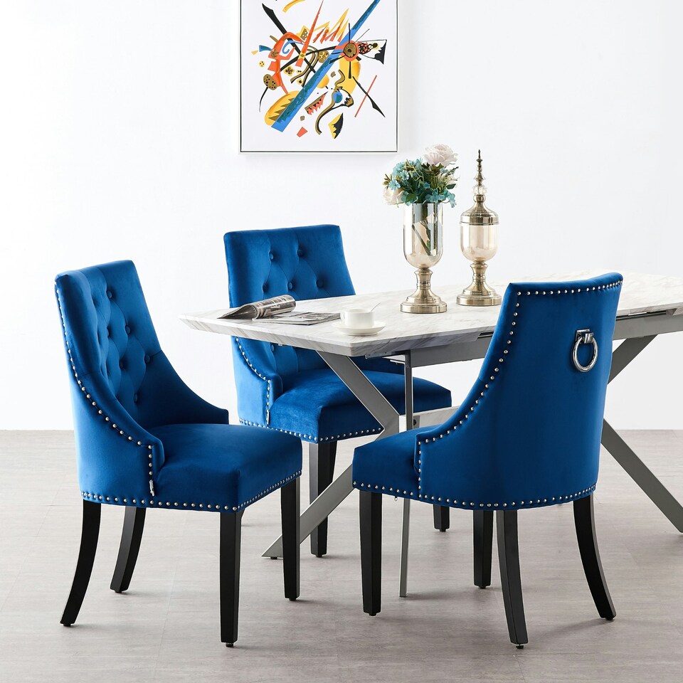 image 1 of Set of 2 Velvet Dining Chairs Ergonomic Scoop Knockerback & Button Tufted Wood Legs Blue