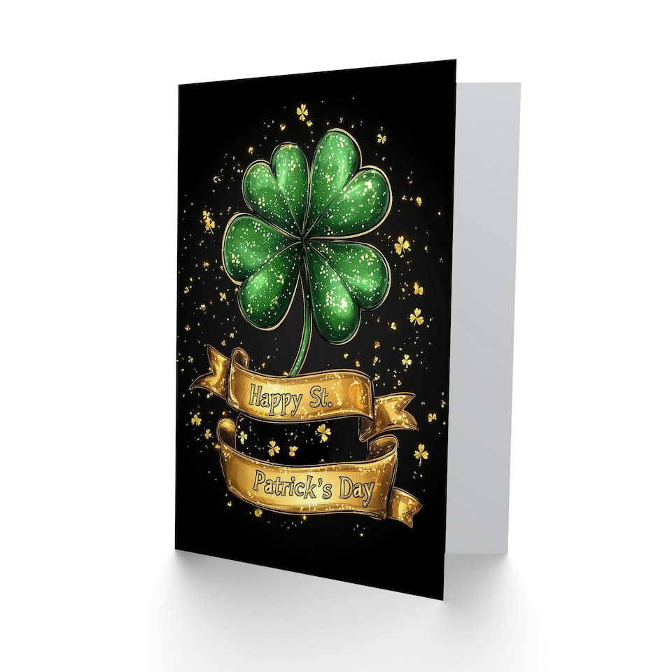 image 1 of St. Patrick's Day Card Golden Four Leaf Clover Blank Greeting Card