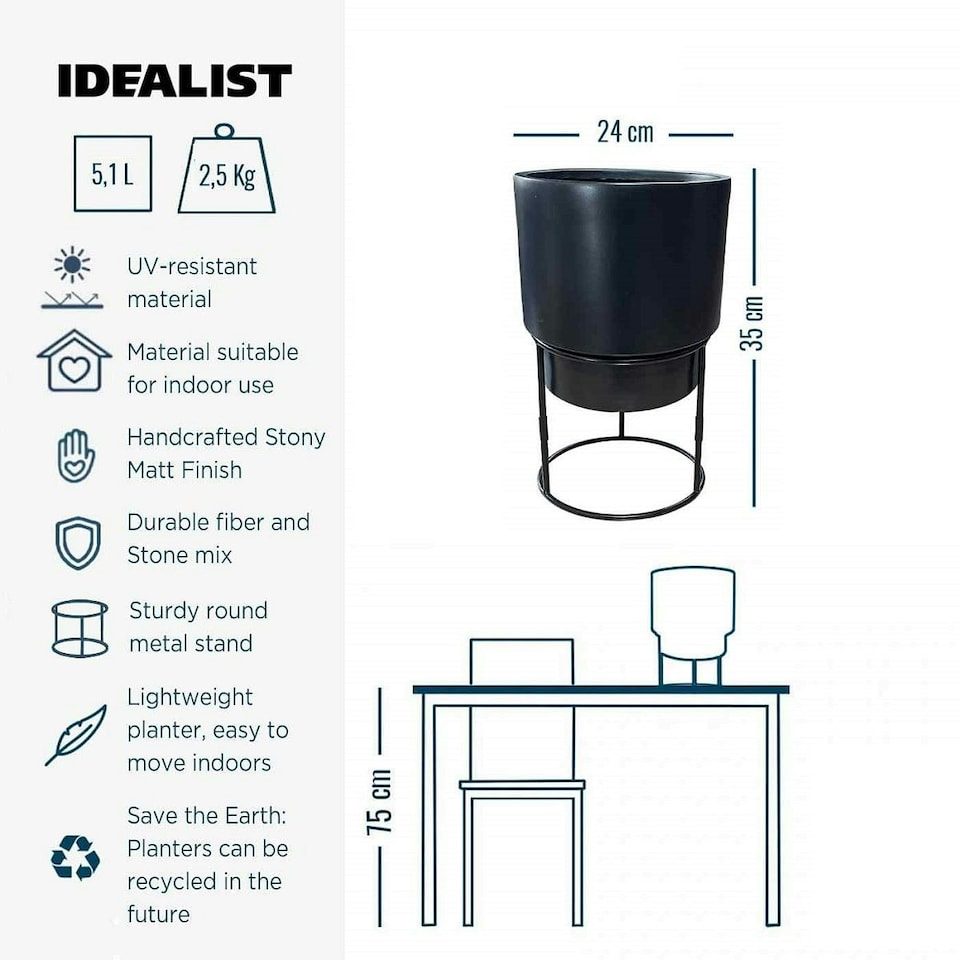 image 1 of IDEALIST Lite Smooth Style Black Round Indoor Planter on Metal Stand D24 H35 cm, 5.1 ltrs Cap.