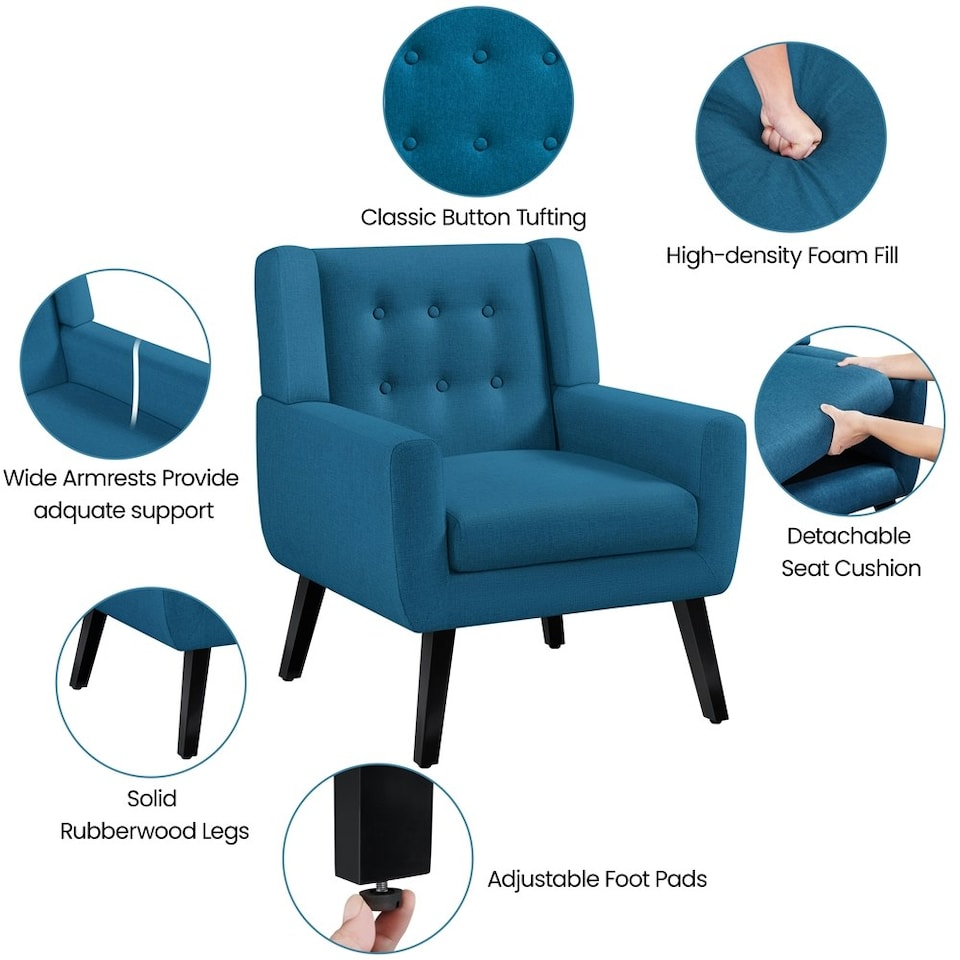 image 1 of Yaheetech Linen Fabric Accent Chair with Wood Legs Removable Cushion Blue | Navy Blue