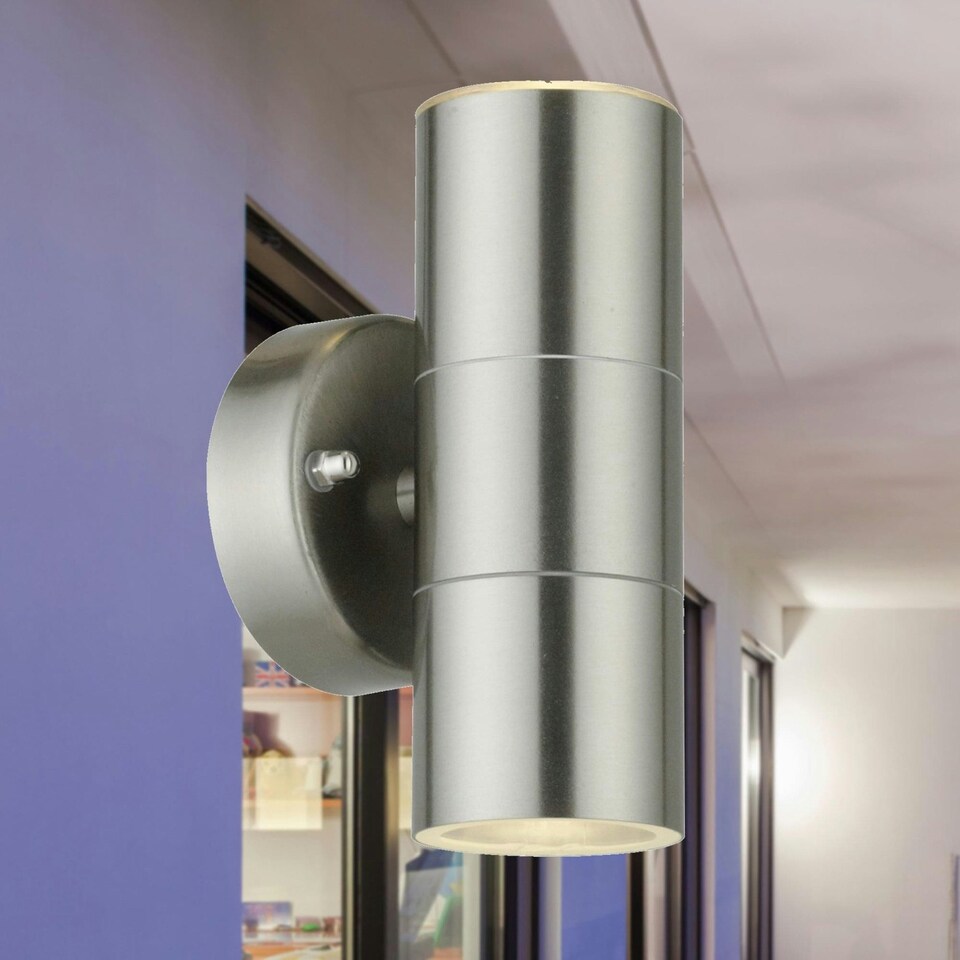 image 1 of First Choice Lighting Set of 2 Blaze Stainless Steel Outdoor Up Down Wall Lights Silver | Clear