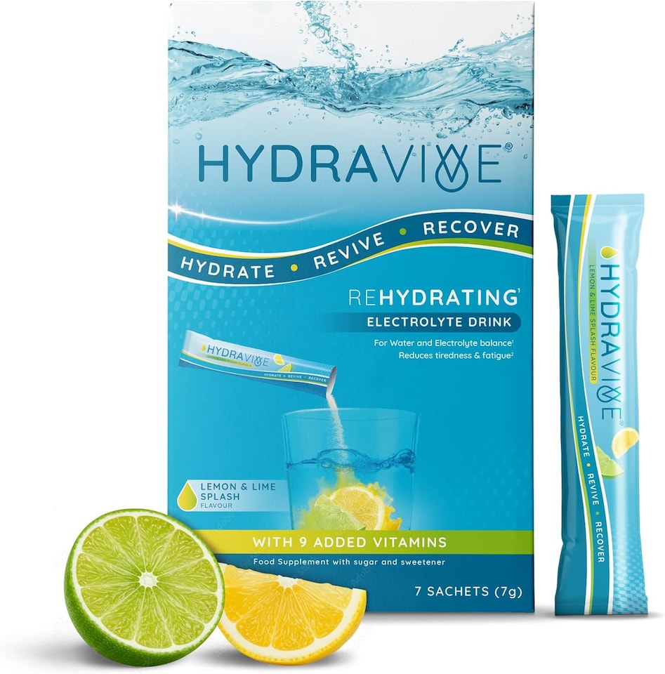 image 1 of Hydravive Rehydration Electrolytes Powder - High Strength Vitamin C & 8 B Vitamins: B1, B3, B5, B12 Supplement Sachet Drink - 7 Pack Lemon/Lime