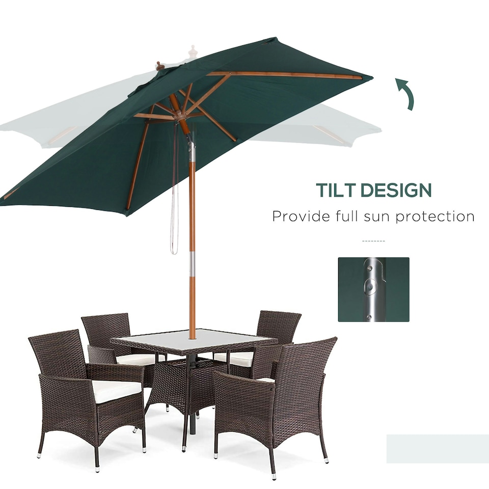 image 1 of Outsunny Wooden Patio Umbrella Parasol Outdoor Sunshade 6 Ribs Green