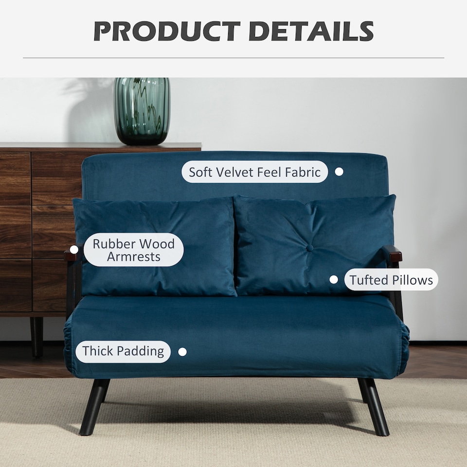 image 1 of HOMCOM 2 Seater Sofa Bed, Click Clack Convertible Bed Settee, Modern Velvet Feel Fabric Sofa Couch with 2 Tufted Cushions, Wood Armrests for Living Room, Bedroom, Guest Room, Navy Blue