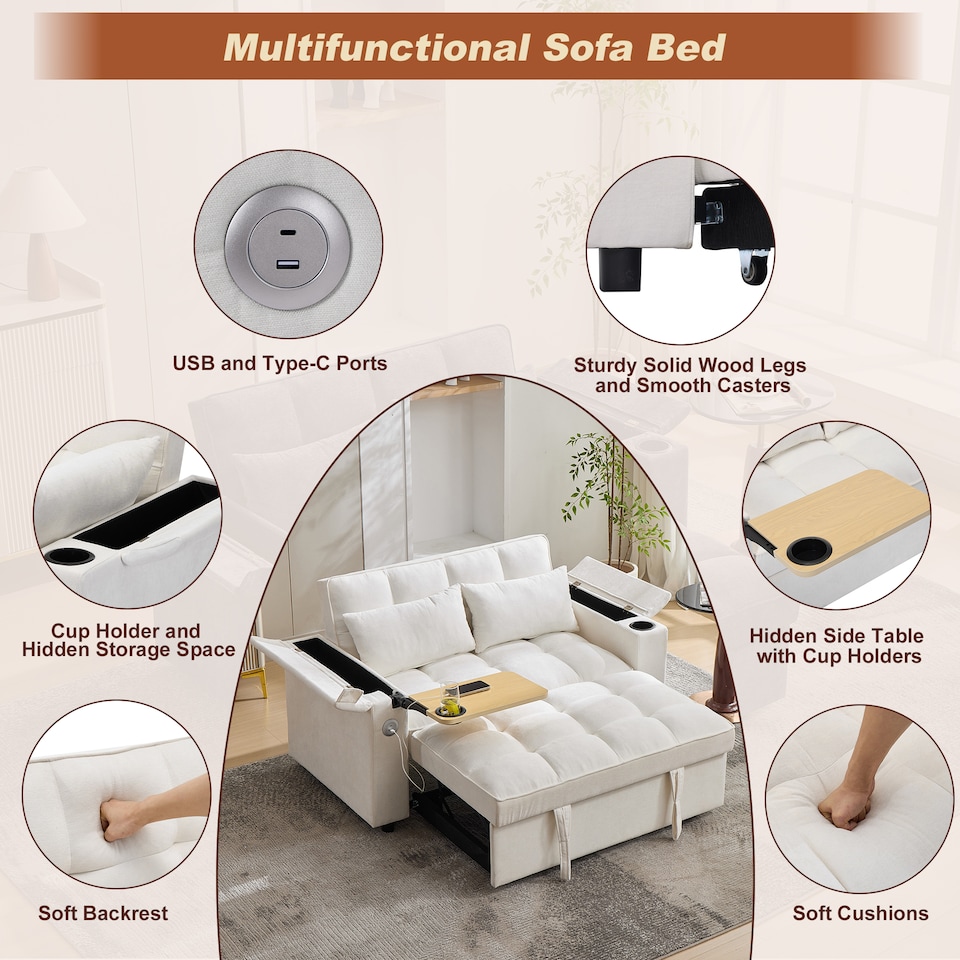image 1 of FENCHILIN 2 Seater Pull Out Sofa Bed Loveseat Recliner with Hidden Table, Cup Holders, USB & Type-C Beige