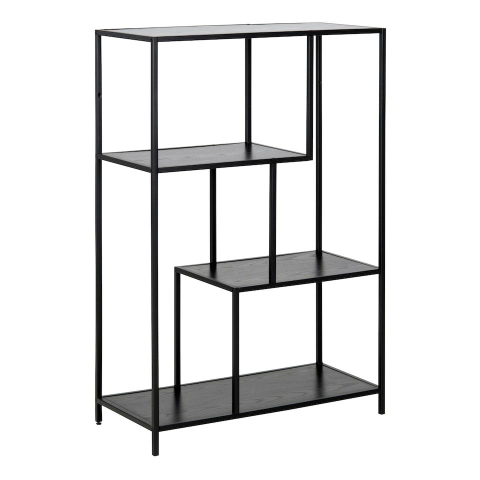 image 1 of Seaford Black Metal Asymmetrical Bookcase with 3 Black Shelves