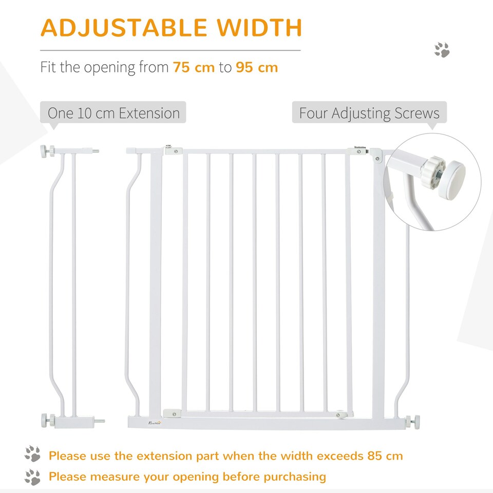 image 1 of PawHut Dog Gate Wide Stair Gate w/ Door Pressure Fit, 75-95W cm, White