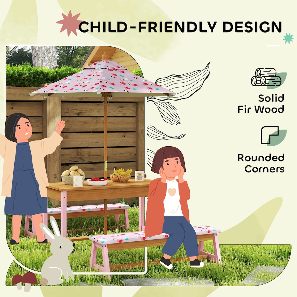 image 1 of AIYAPLAY Kids Picnic Table, Wooden Children Garden Table and Bench Set, Pink Pink