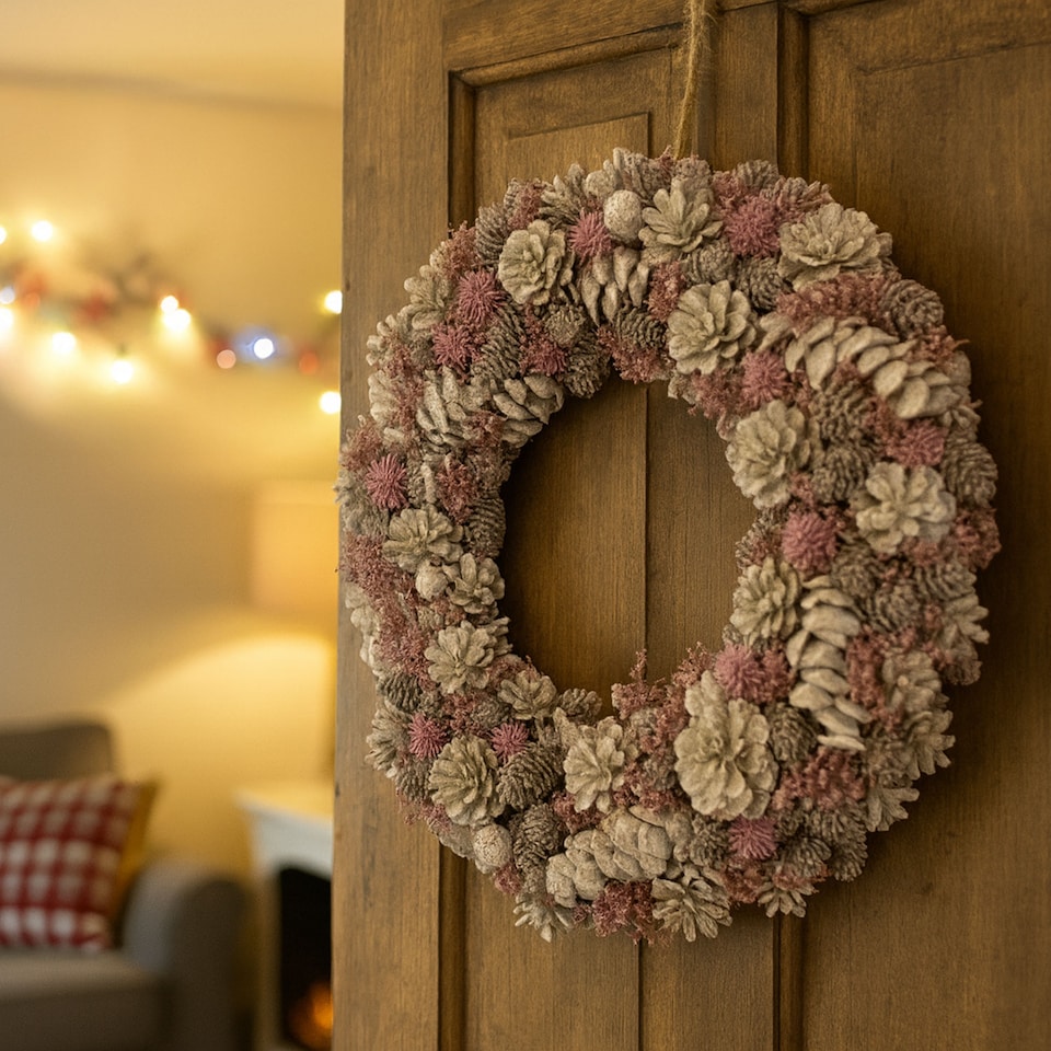 image 1 of Neo Luxury Extra Large Frosted Pinecone Winter Wreath 50cm Home Artificial Christmas Festive Front Door Decoration | Grey | Pink Grey