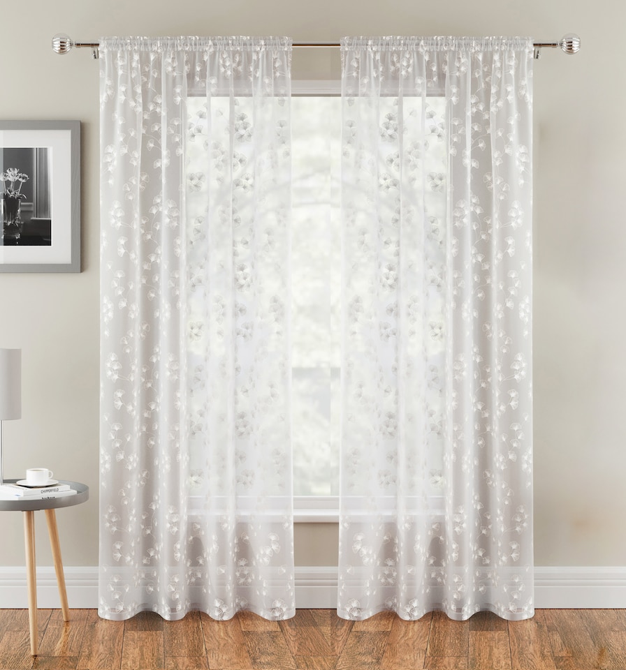 image 1 of Delila White Leaf Print Voile Panel - Pair 140 x 183cm (55x72")