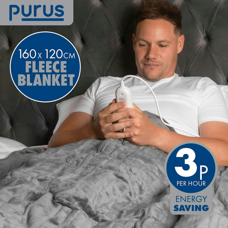 image 1 of Purus Electric Heated Fleece Blanket Throw 160x120cm - Grey