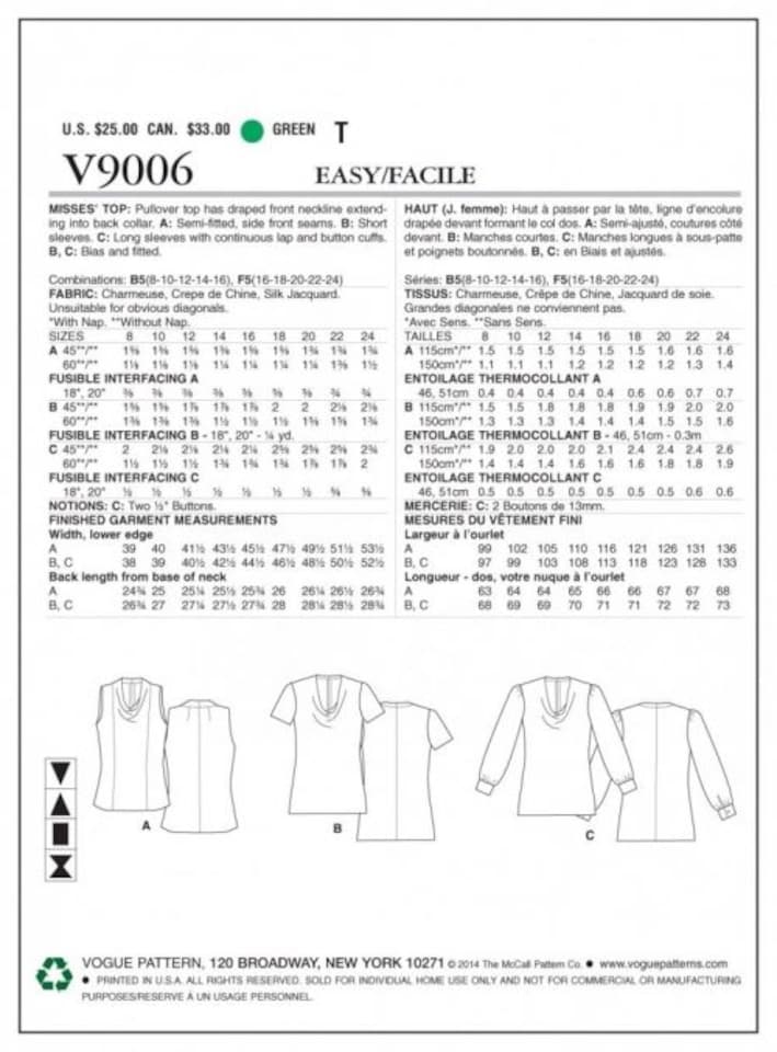 image 1 of Vogue 9006 Paper Sewing Pattern – Women’s Top, UK Sizes 8–10–12–14–16, Easy