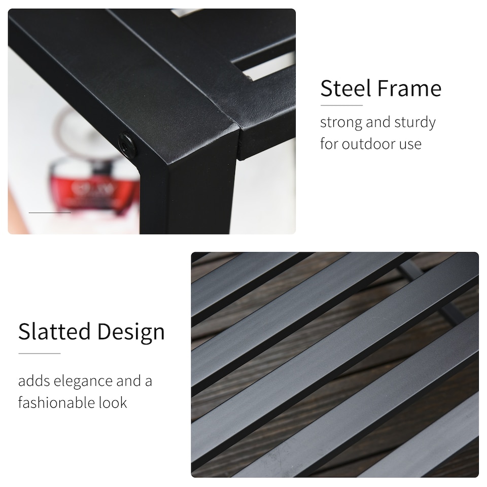 image 1 of Outsunny Patio Tete-a-tete Chair 2 Seat Bench Middle Coffee Table w Umbrella Hole for Outdoors Decorative Slatted Design Steel Frame Black