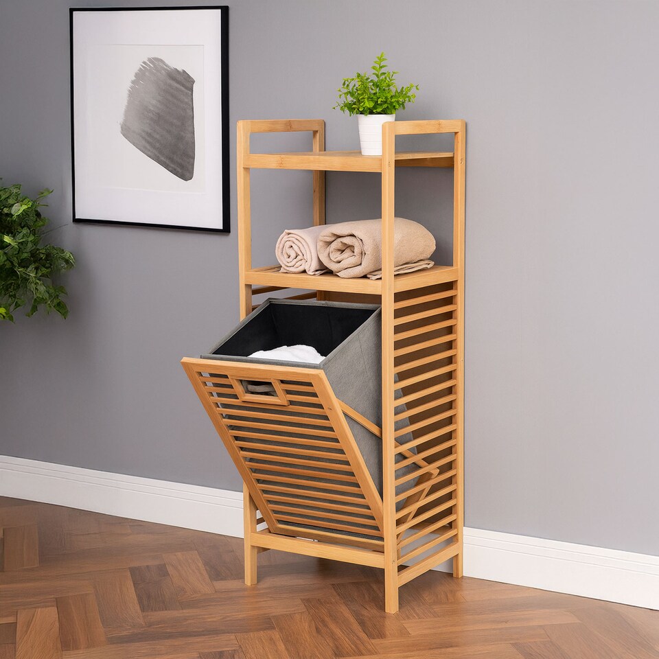 image 1 of Neo Bamboo Laundry Bin Hamper Basket Tilt Pull Out Basket Storage