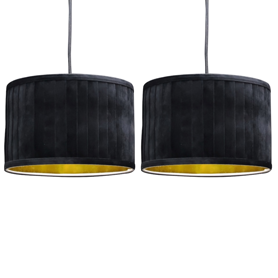 image 1 of Set of 2 Sundance - Black Pleated 30cm Lamp Shades with Gold Inner | Black | Black velvet with gold cardboard inner detail | 2