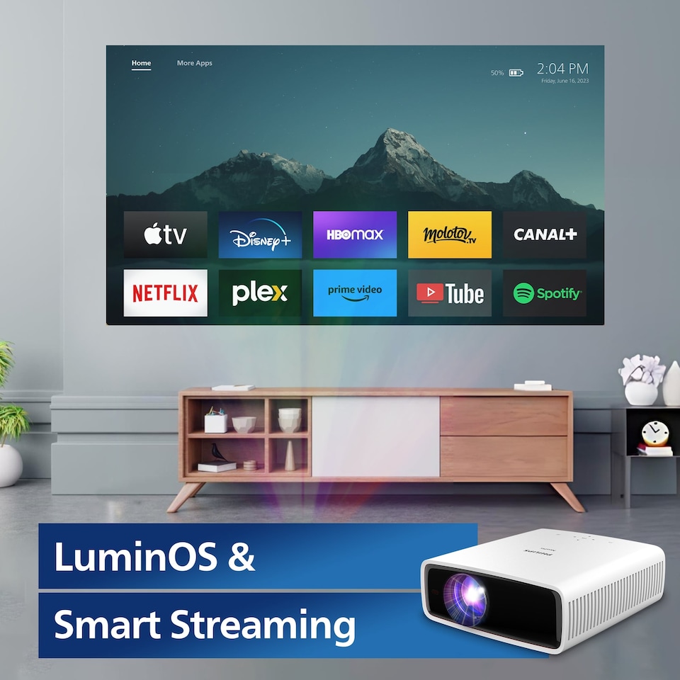 image 1 of Philips NeoPix 750 Smart Projector White, 120", 1080p, LED, Wi-Fi screen mirroring experience