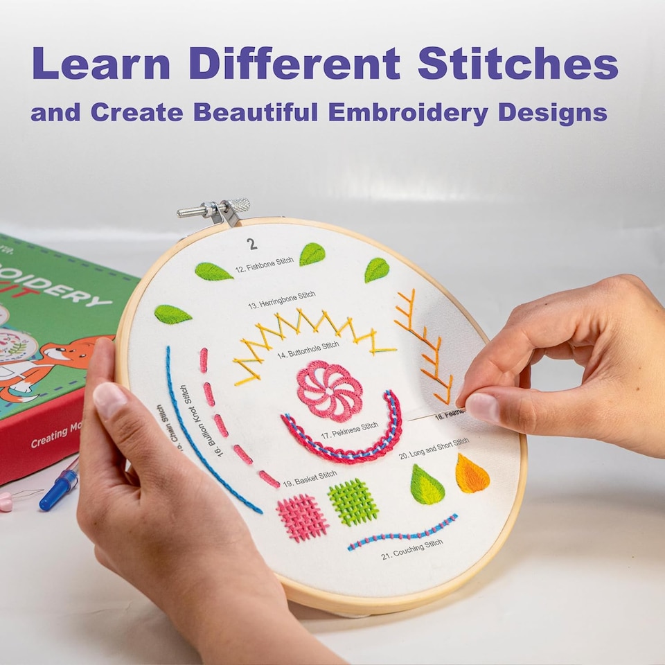 image 1 of Beginner Embroidery Kit (4 Pack) for Adults, Learn 33 Stitches with Easy DIY Video Tutorials, Coloured Design Patterns (AZA100)