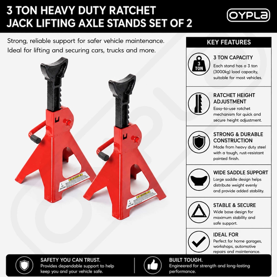 image 1 of 3 Ton Heavy Duty Ratchet Jack Lifting Axle Stands - Set of 2 | Red