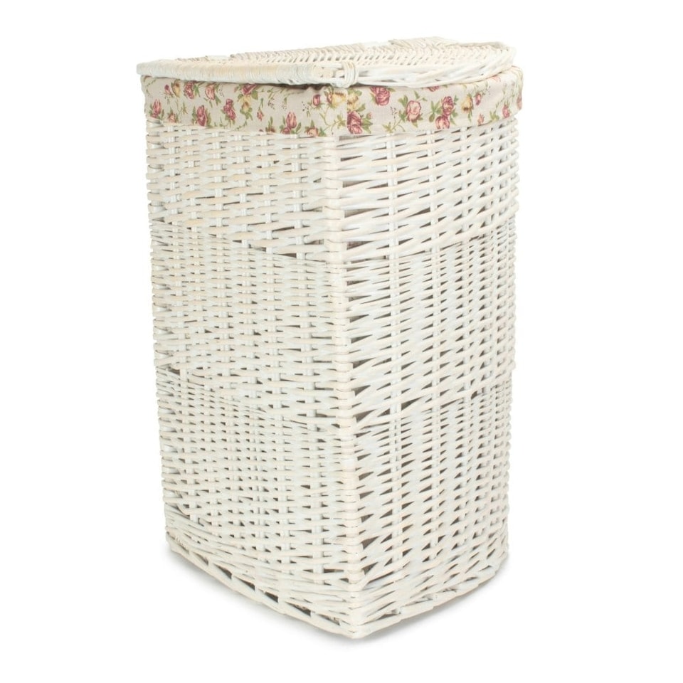 image 1 of Small Corner White Wash Laundry Basket with a Garden Rose Lining Multi | Garden Rose