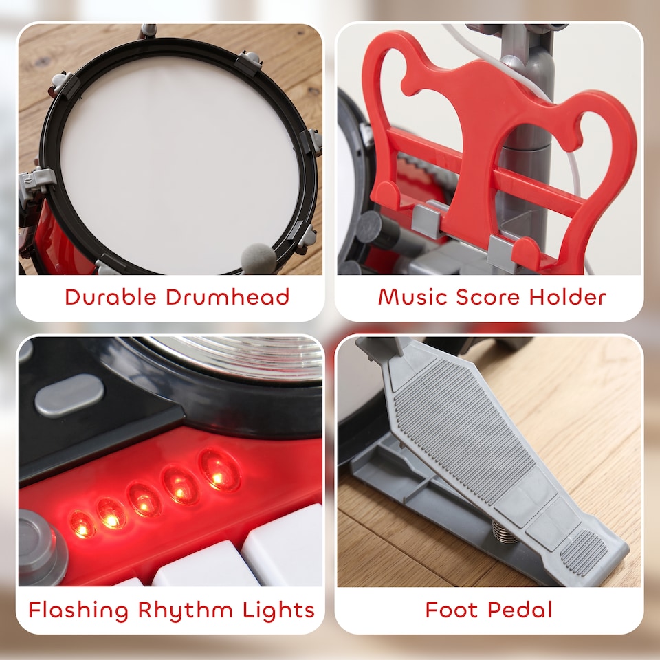 image 1 of HOMCOM Kids Drum Set for Beginners with Stool, Educational Musical Toy, Red