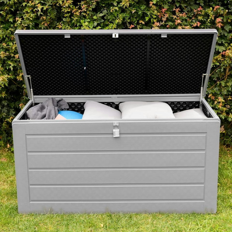 image 1 of Olsen & Smith Large 680L Weatherproof Outdoor Sit On Wood Effect Plastic Garden Bench Storage Box Chest Container Furniture Brown Brown | Brown