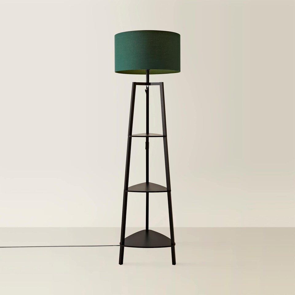 image 1 of ValueLights Hiru Black 3 Tier Shelf Floor Lamp with Green Shade | Green