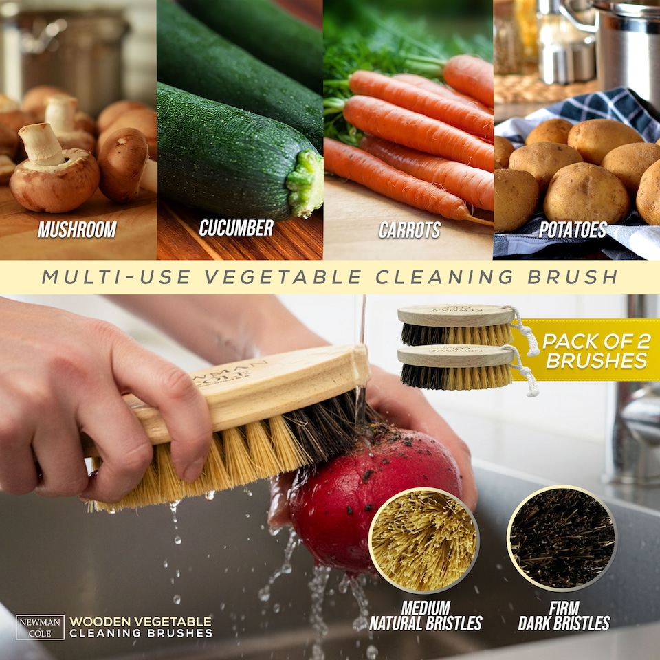 image 1 of Wooden Vegetable Brush Dual-Bristle Fruit & Potato Scrubber - Pack of 2