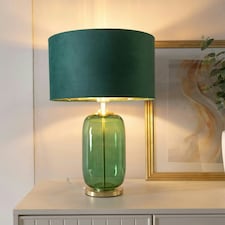 ValueLights Leigh Forest Green and Gold Glass Table Lamp with Green Velvet and Gold Inner Shade with LED Bulb