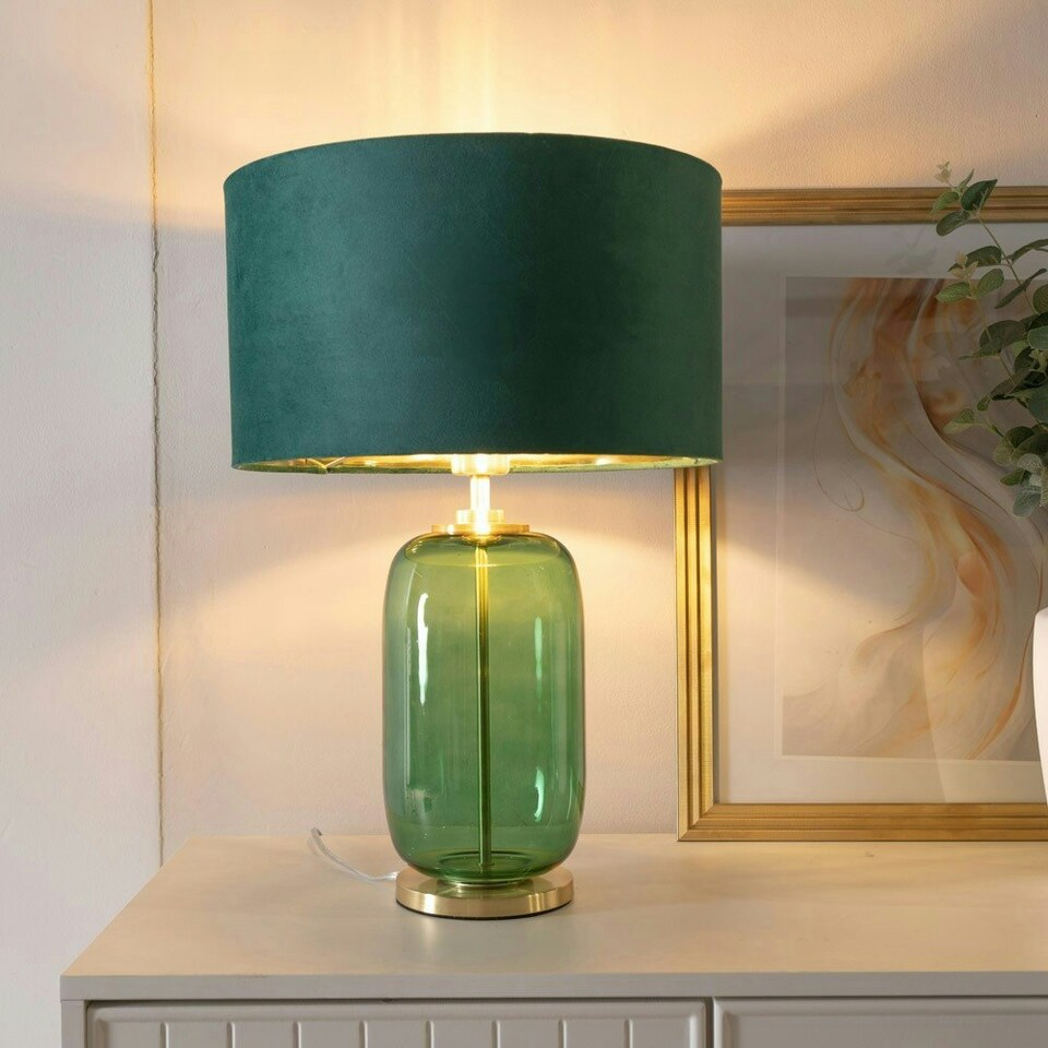 image 1 of ValueLights Leigh Forest Green and Gold Glass Table Lamp with Green Velvet and Gold Inner Shade with LED Bulb