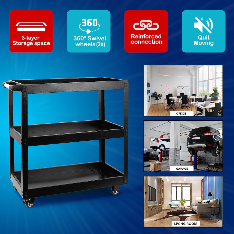 image 1 of Heavy Duty Tool Storage Trolley 3 Tier Wheel Cart for Garage, Workshop & DIY Projects Black