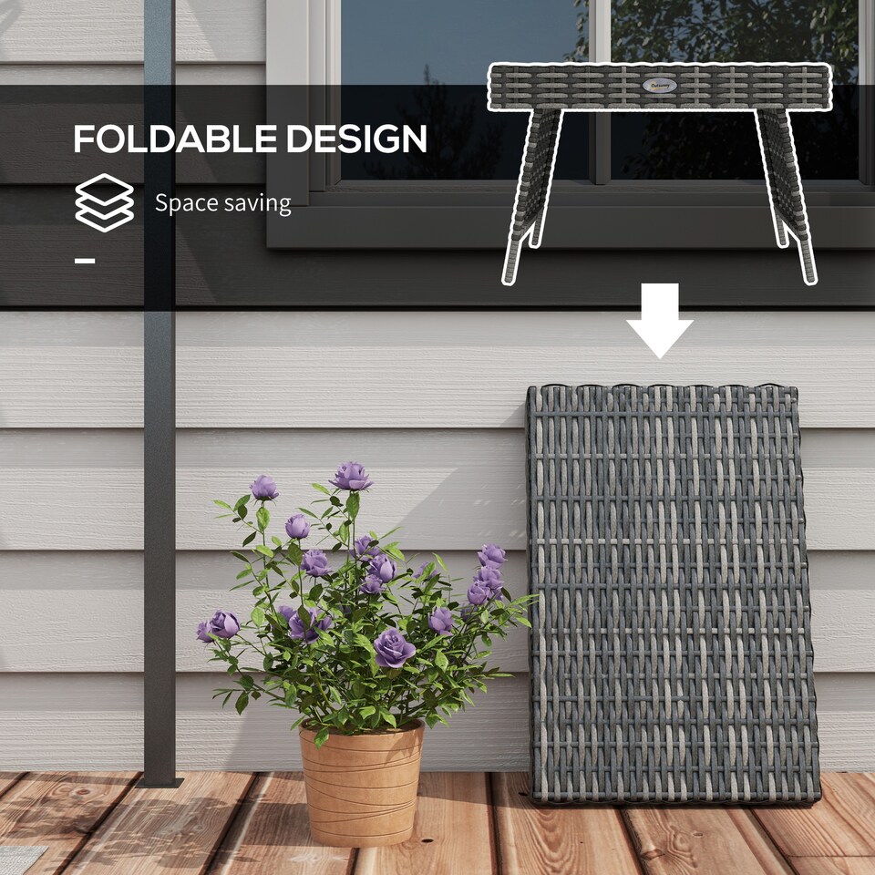 image 1 of Outsunny Foldable Outdoor Coffee Table, Steel Frame Rattan Side Table, Grey