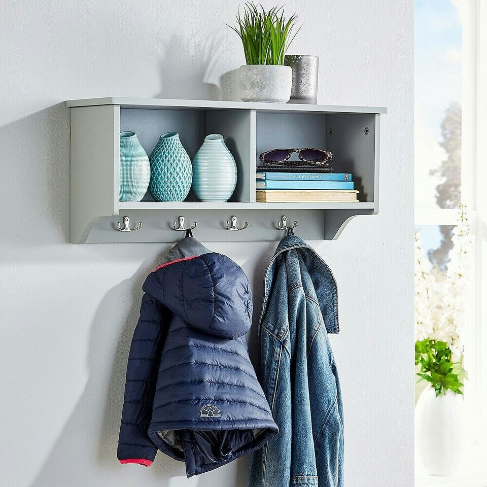 image 1 of Coat Hook Wall Mounted Unit 2 Open Shelves 4 Robe Hooks Bathroom Hallway Grey