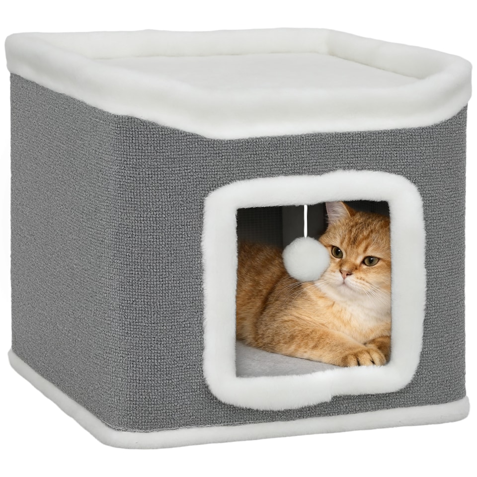 image 1 of PawHut Cat House for Indoor Kittens, 2-Level Cat Cave Bed with Fluffy Balls, Flush Top Bed, Kitten Barrel for Multi Kitties, Grey