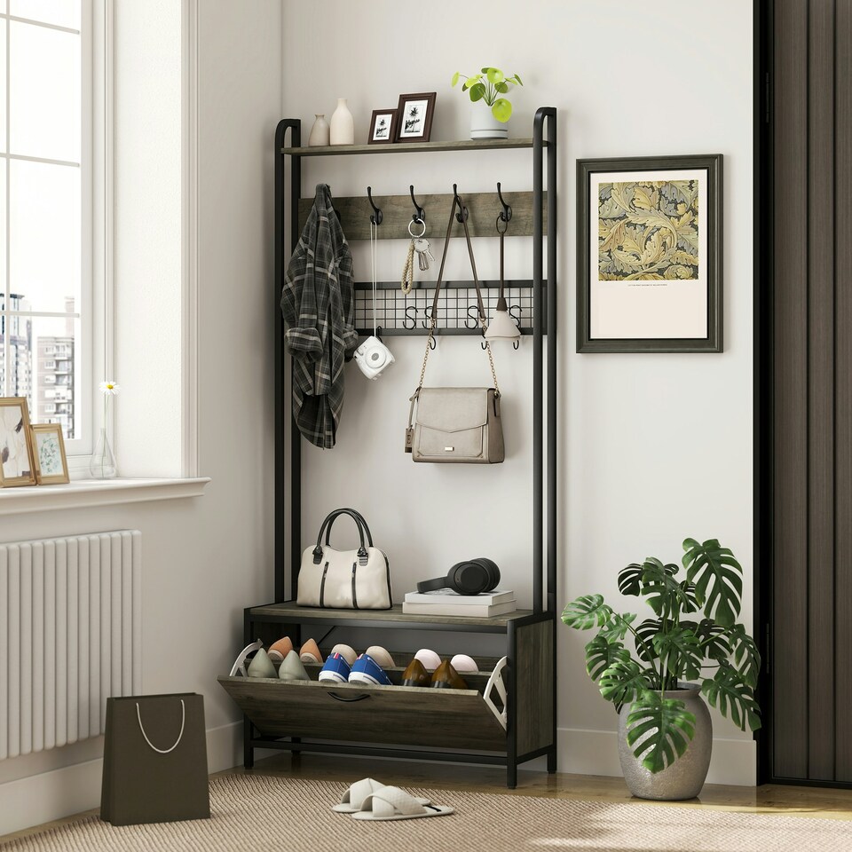 image 1 of HOMCOM Industrial Hall Tree Coat Rack Stand with Shoe Cabinet | Grey | Black | 80W x 30D x 180H cm | 1