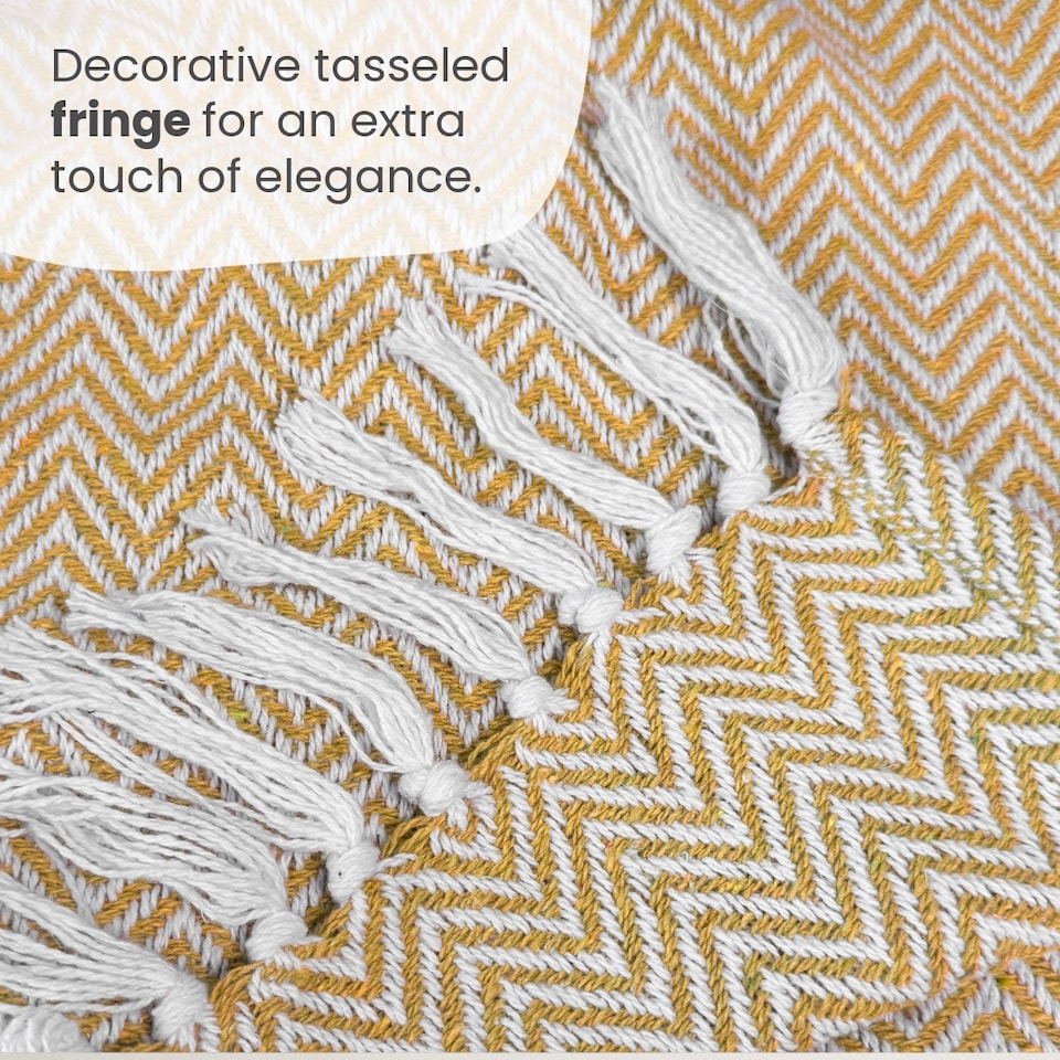 image 1 of Large Cotton Chevron Herringbone Sofa Throw Blanket - 150 x 200cm | Yellow | Mustard | One Size | 1