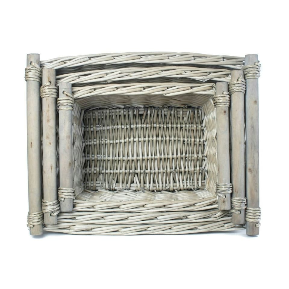 image 1 of Set of 3 Antique Wash Wooden Handled Wicker Storage Basket Grey