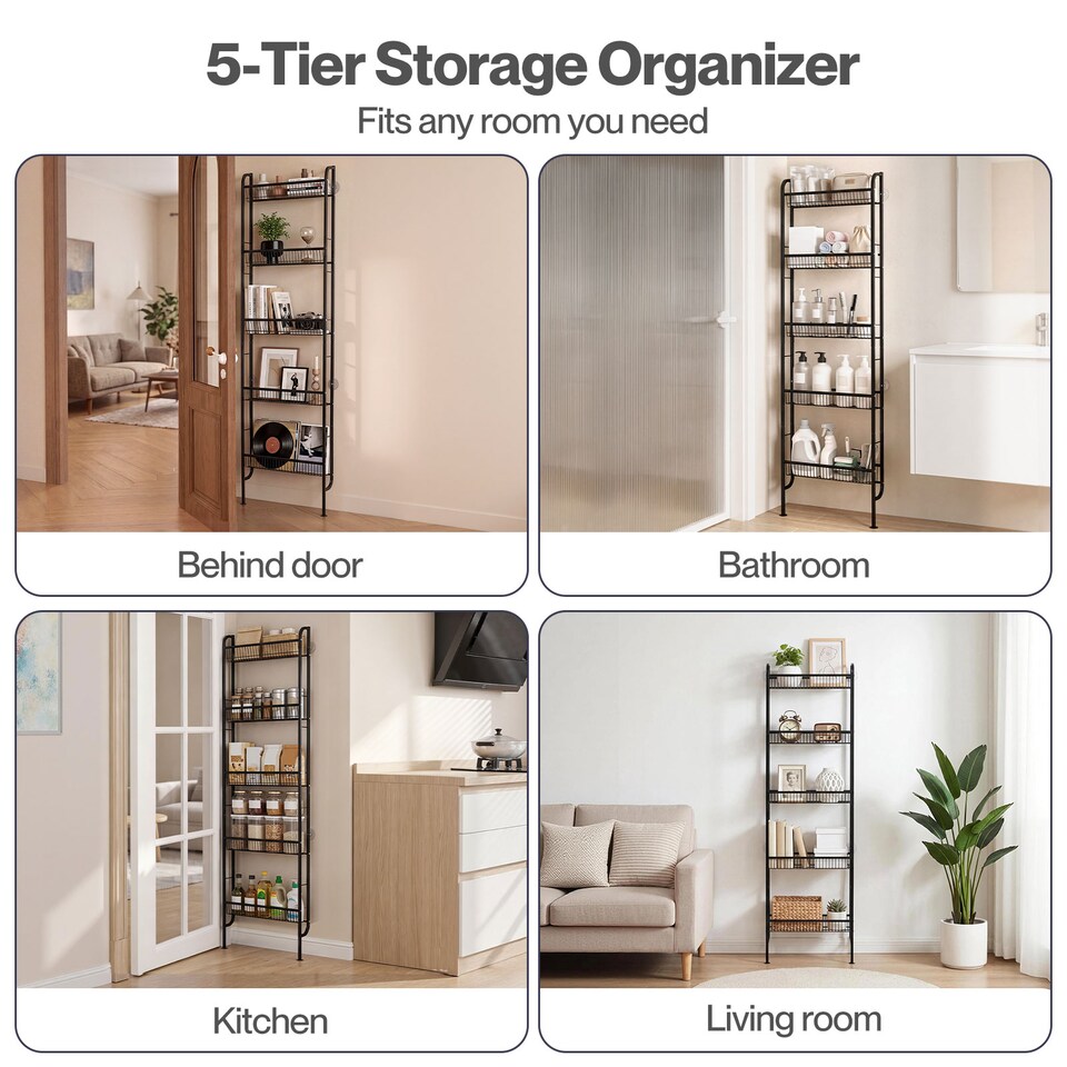 image 1 of Levede Behind Door Storage Organiser Narrow 5-Tier Bathroom Shelves,Steel,Black