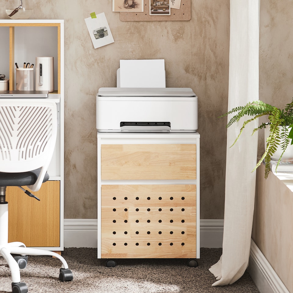 image 1 of SoBuy Mobile File Cabinet Printer Stand with 2 Drawers, White & Natural Wood, 17.7x17.7x23.2 inches, 19 kg - ASK06-WN