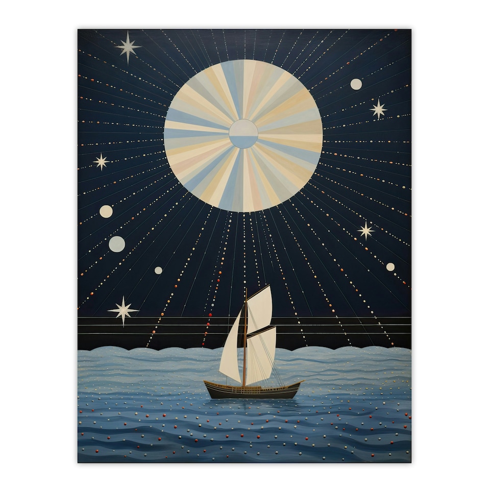 image 1 of Sailing Into Moonlight Boat Full Moon Home Decor Black Framed Wall Art Print A4