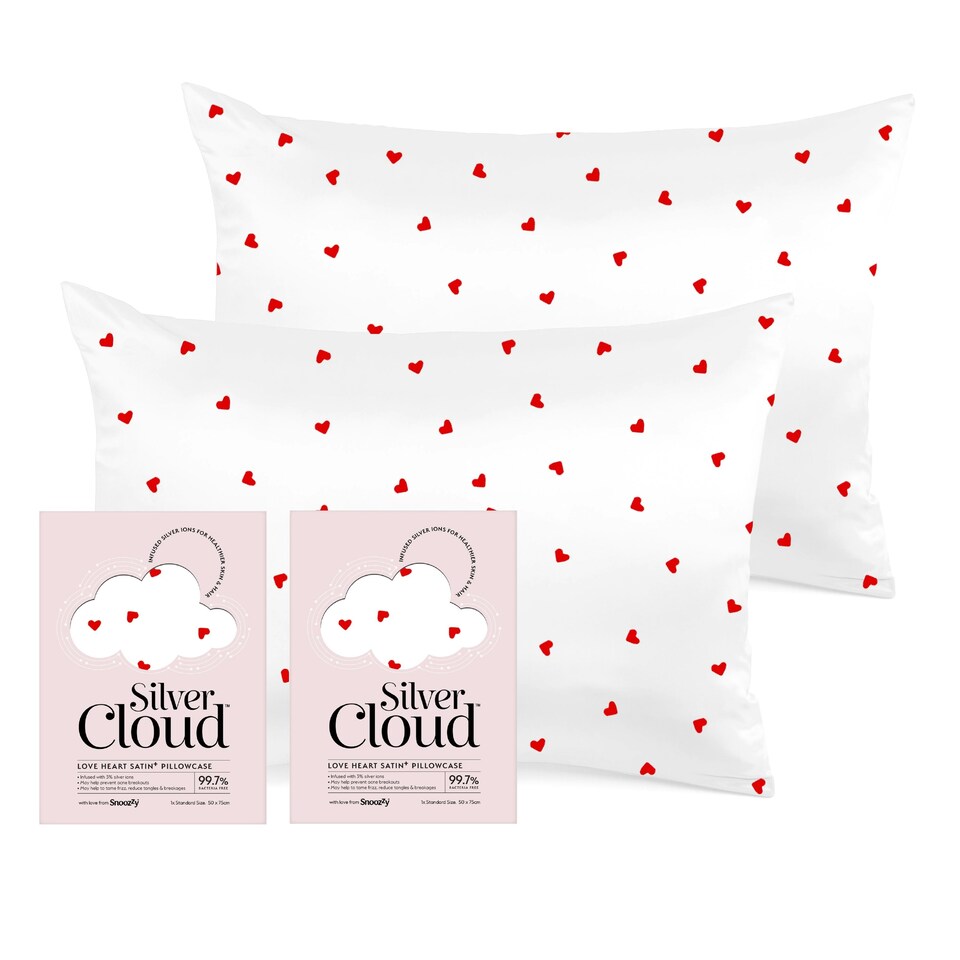 image 1 of Silver Cloud Heart Print Satin Pillowcase Twinpack