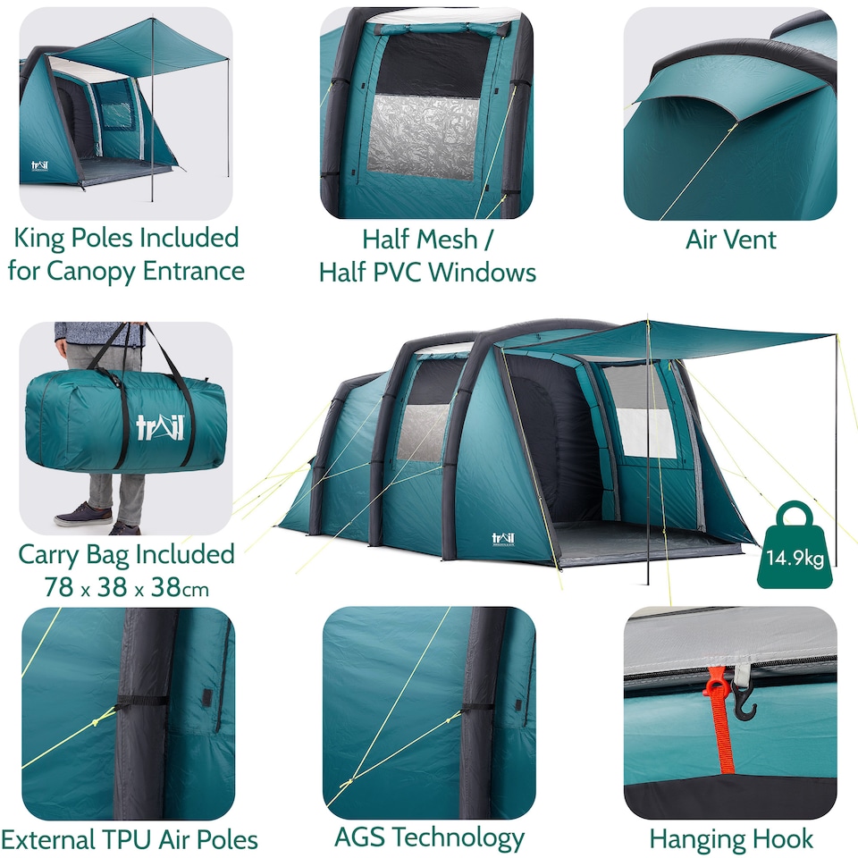 image 1 of Brazen Inflatable Air Tent 4 Man 5000mm Living Area Bedroom Pump And Bag | Blue | Teal | 1