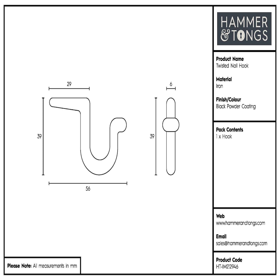 image 1 of Hammer & Tongs Twisted Nail Hook - W5mm x H40mm - Black