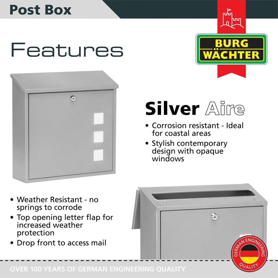 image 1 of Burg-Wachter Aire Wall Mounted Galvanised Steel Lockable Weatherproof Post Box - 37x37x11cm Silver