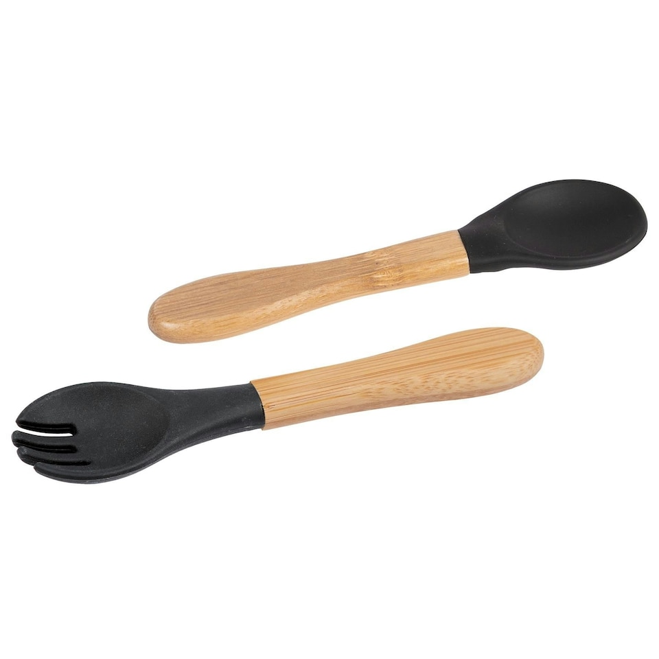 image 1 of Tiny Dining Bamboo Baby Weaning Fork & Spoon Set - Black