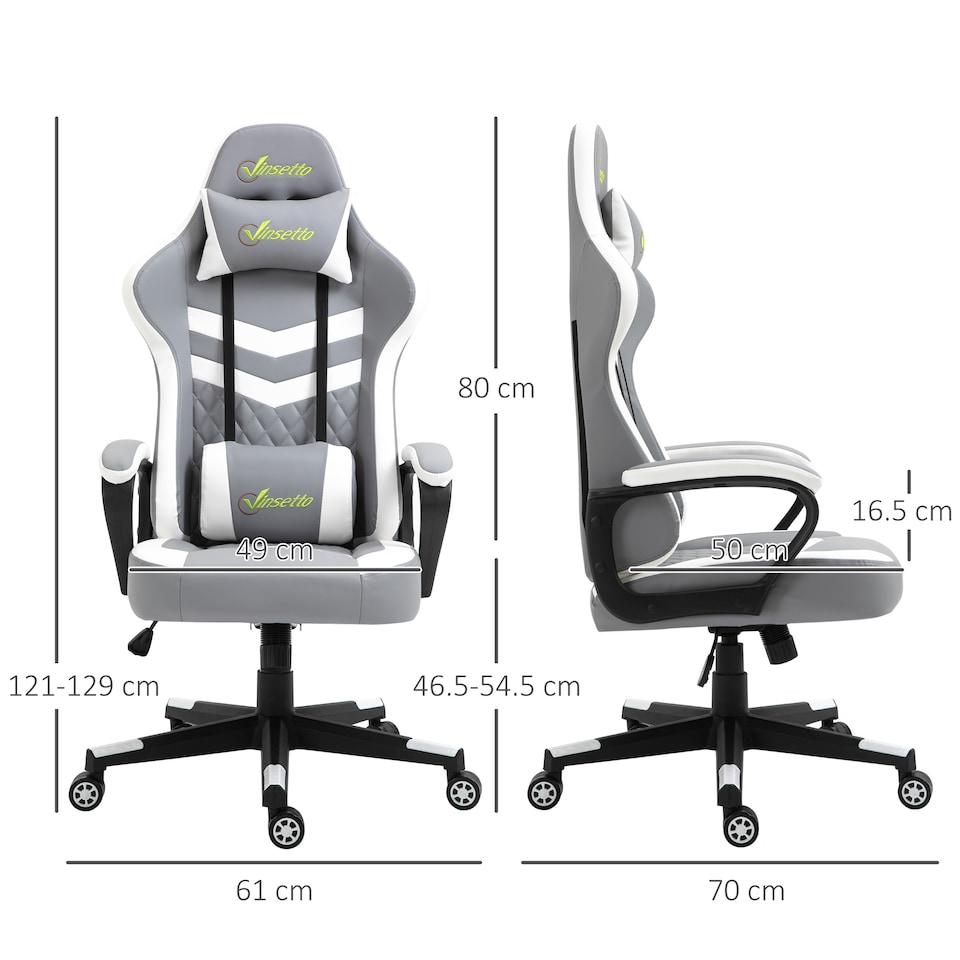 image 1 of Vinsetto Gaming Chair, Computer Desk Chair with Lumbar Support, Faux Leather Racing Chair with Headrest and Swivel Wheels for Home Office, Grey White