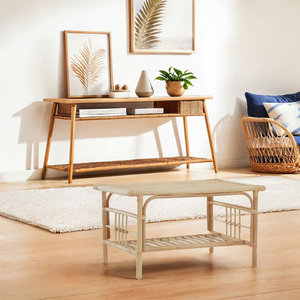image 1 of Interiors by Premier Elegant Rattan Rectangular Coffee Table With Glass Top, Versatile Cane Furniture, Sturdy Outdoor Table Cream