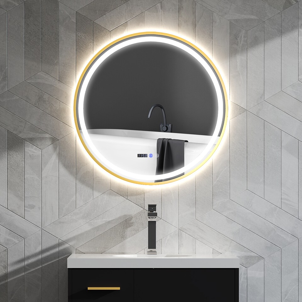 image 1 of HOMCOM 800mm Round Bathroom Mirror with LED Lights, Wall Mounted Backlit Illuminated Bathroom Mirror with Demister, 3 Colours Dimmable, Memory Function, Touch Switch, Time and Temp Display, Gold Tone
